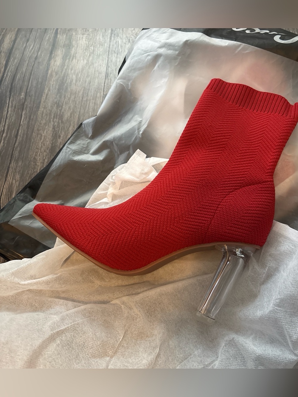 SHEIN Red Knit Sock Ankle Boot with Clear Heel